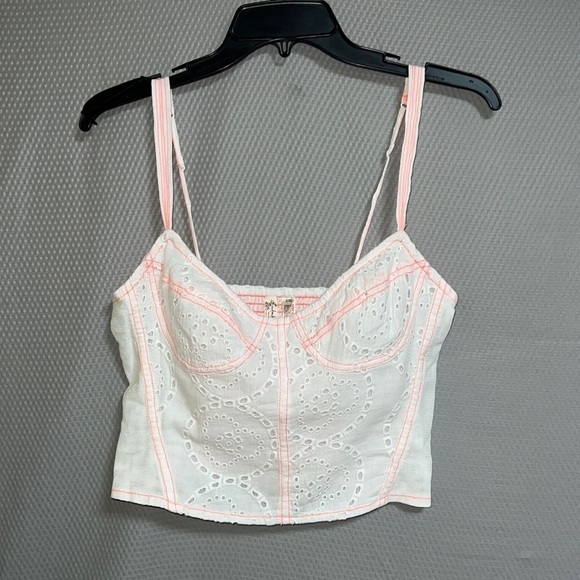 FREE People White and Peach Cotton Eyelet Corset Smocked Back Top -Sz Small, NWT - Picture 7 of 14
